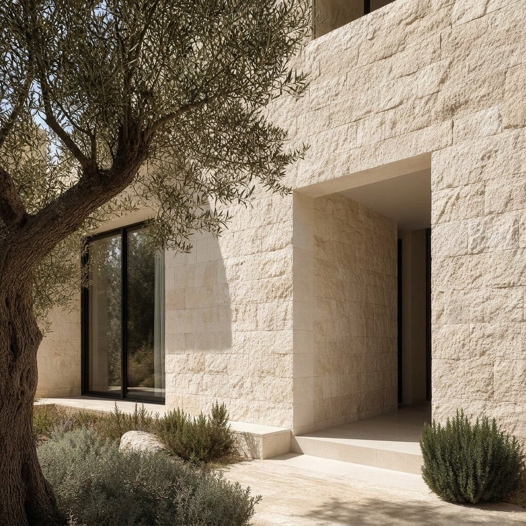 Villa wall in creamy white rough-faced Ruwaished stone with a deep entrance shaded by an olive tree