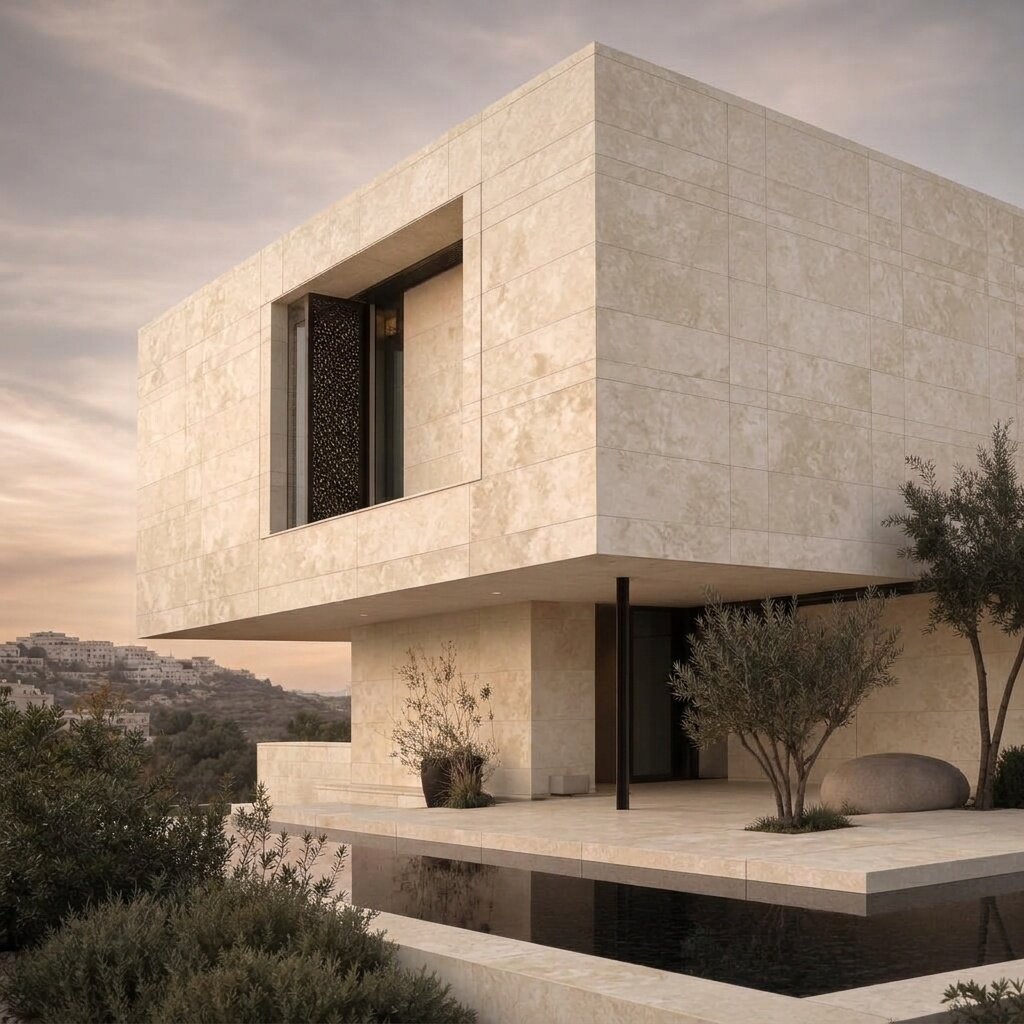Contemporary villa volume clad in smooth sawn cream Ma’an limestone panels above a reflecting pool at dusk