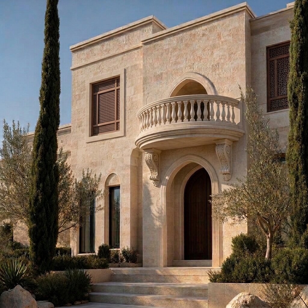 Traditional villa facade in hand-dressed stone with an arched entrance under a carved stone balustrade balcony and lattice windows