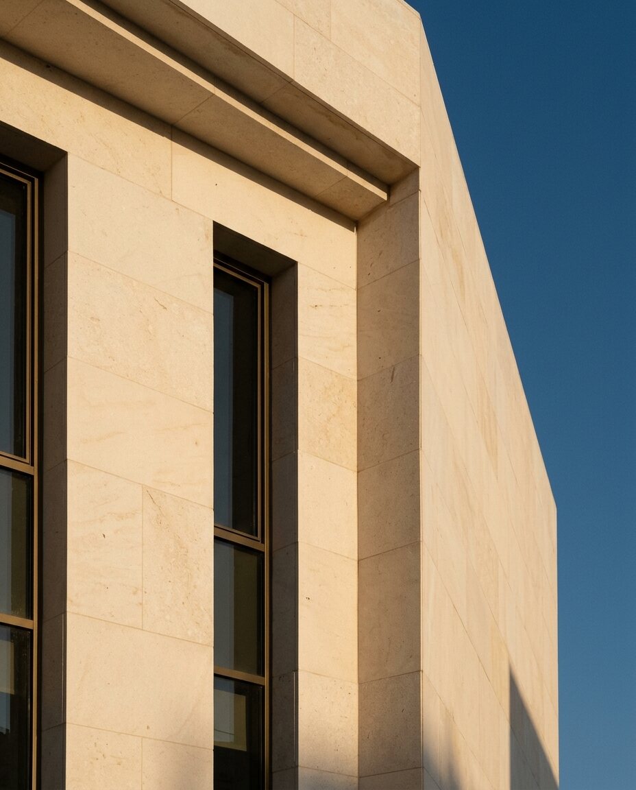 Corner detail of a contemporary facade in sawn cream stone panels with narrow vertical windows in bronze frames against a blue sky