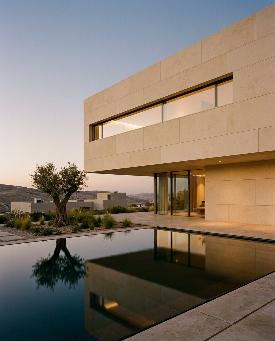 Minimalist two-story villa in sawn cream stone panels with one long horizontal window and a pool reflecting the facade
