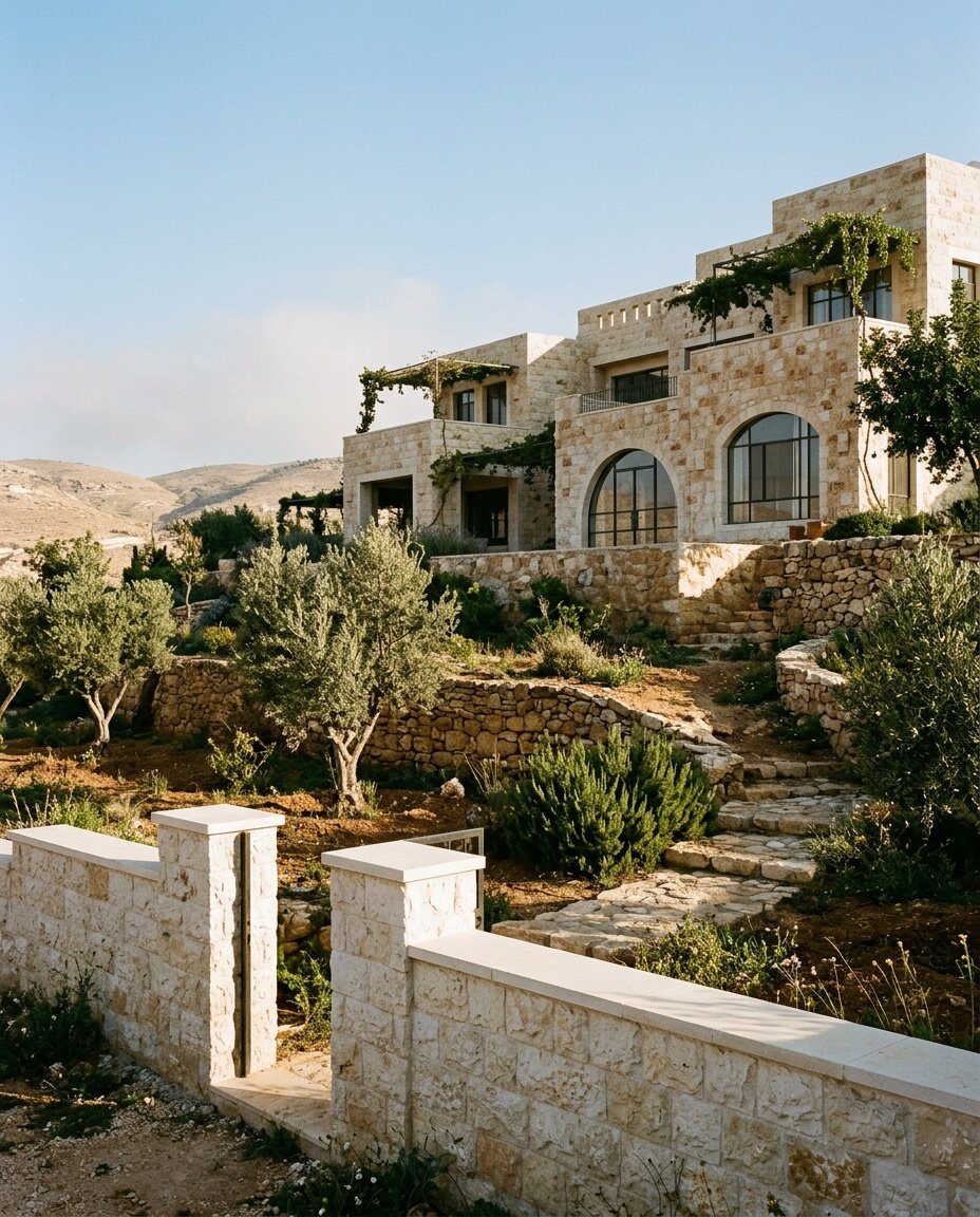 Hillside villa with a rock-faced stone facade, a white stone garden wall and olive terraces