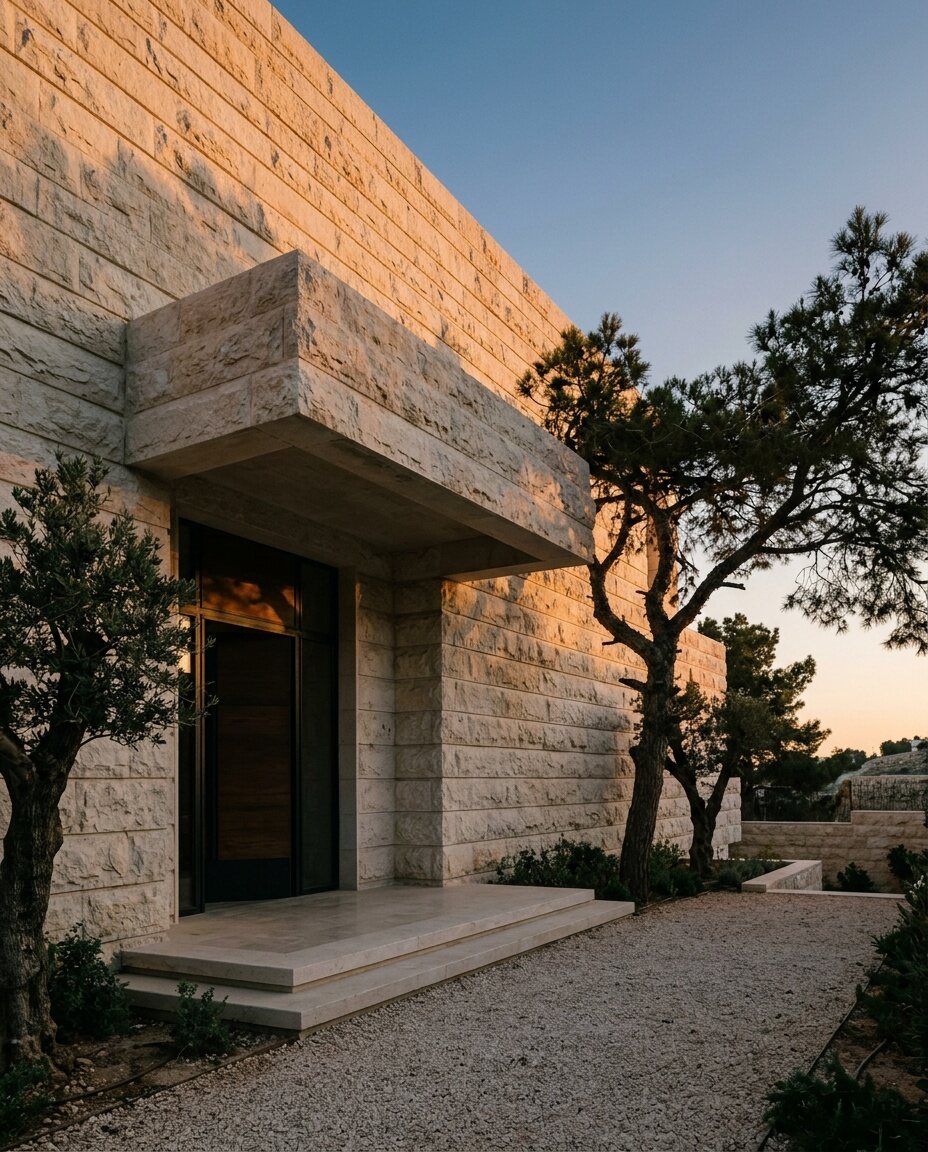 Villa entrance with a cantilevered stone portal and a facade of thick rough-faced white stone courses at dusk