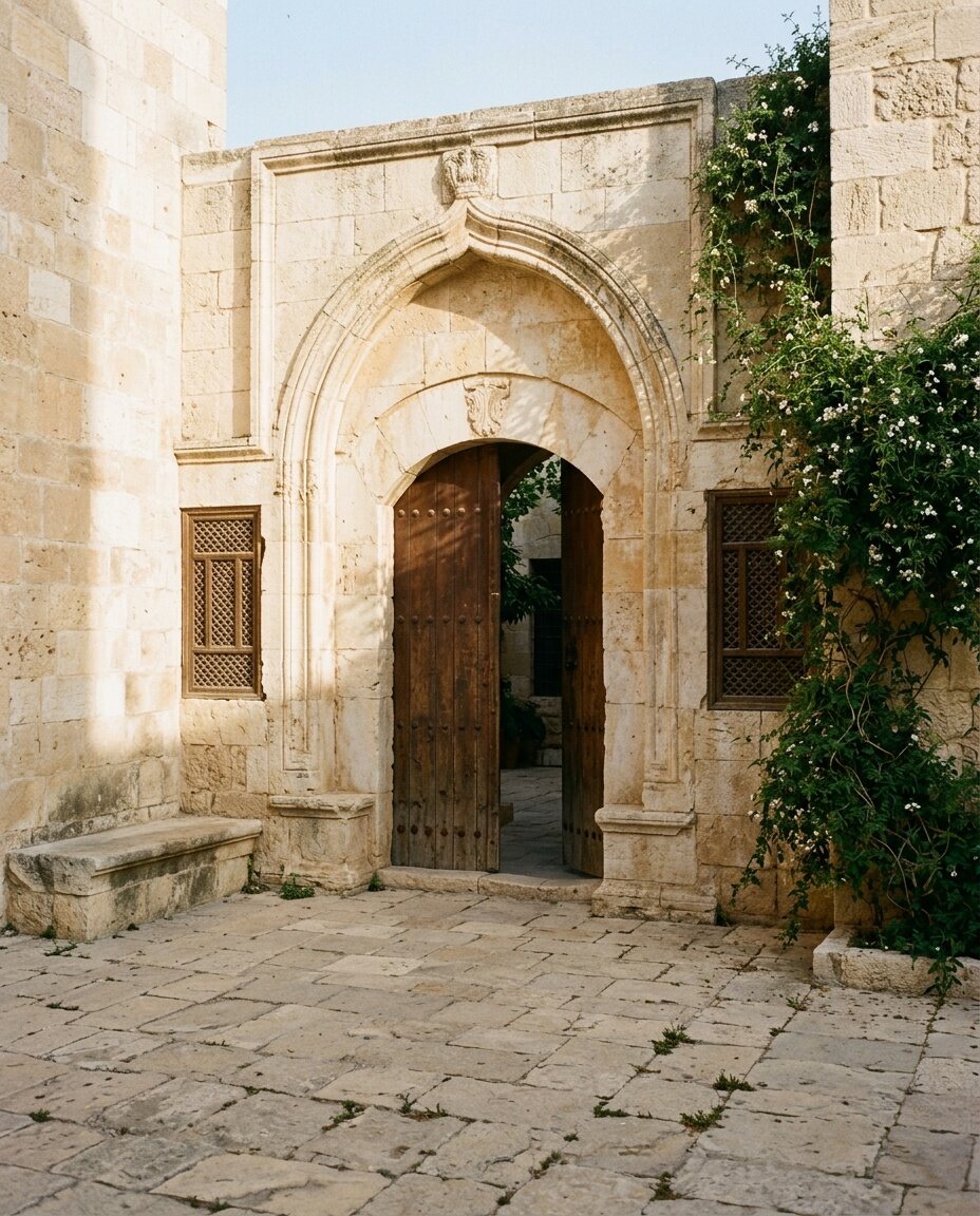 Traditional courtyard gate with a pointed arch in dressed stone, a wooden door, lattice screens, a stone bench and jasmine