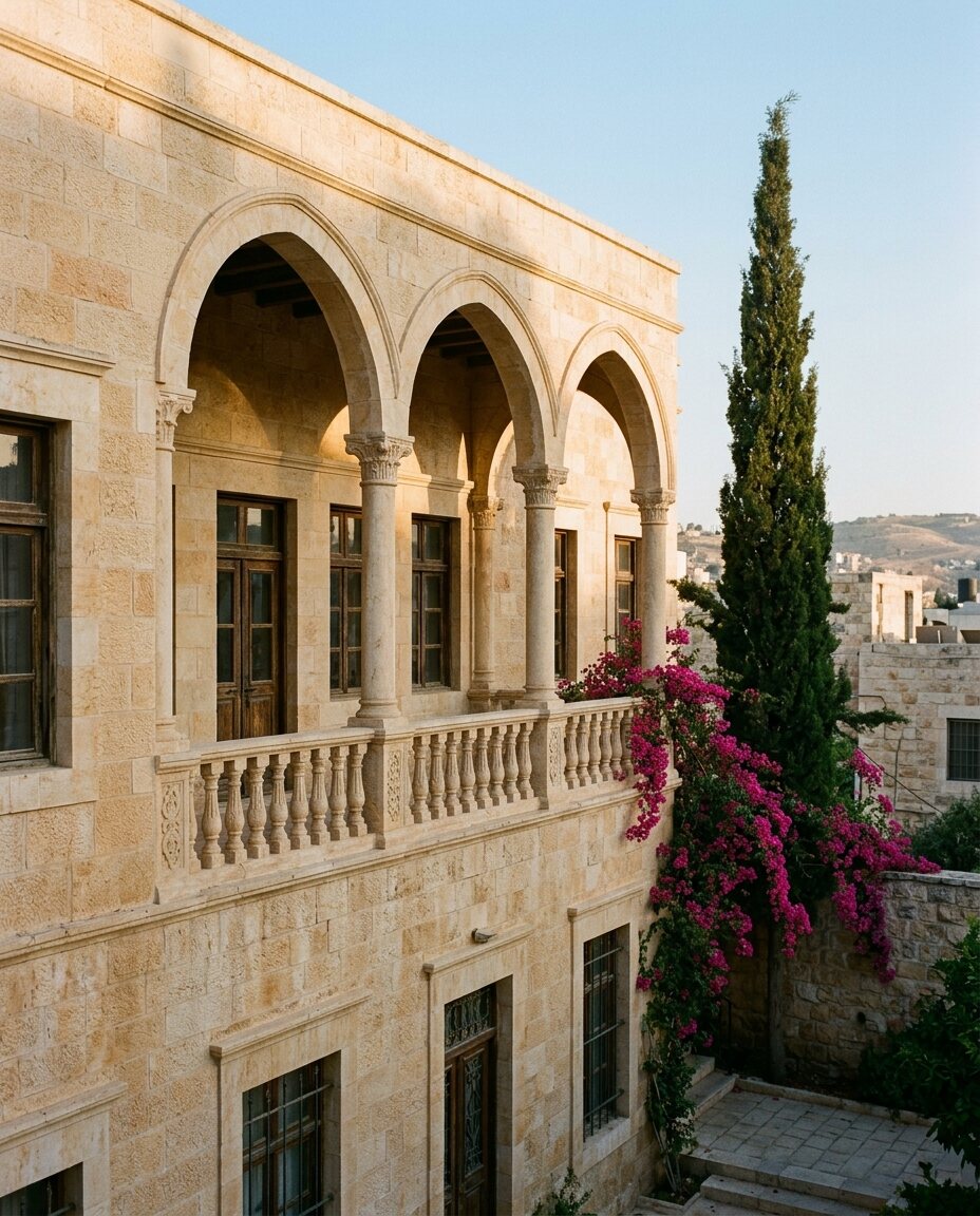 Traditional villa facade with a loggia of three stone arches, a carved balustrade, a cypress and bougainvillea