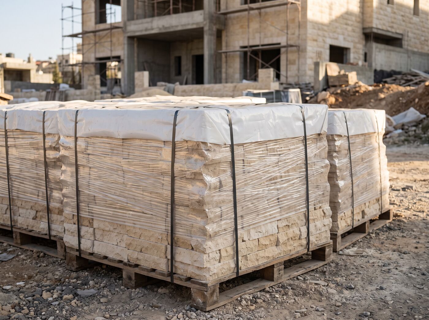 Limestone pallets stretch-wrapped with white covers and steel straps on a building site