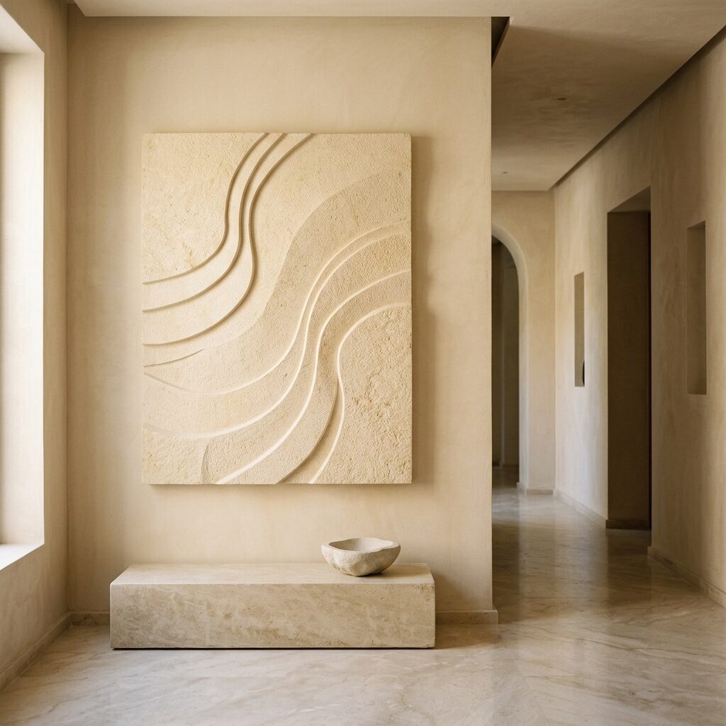 Carved limestone art relief with flowing curves on a hotel corridor wall, above a stone plinth and a carved bowl