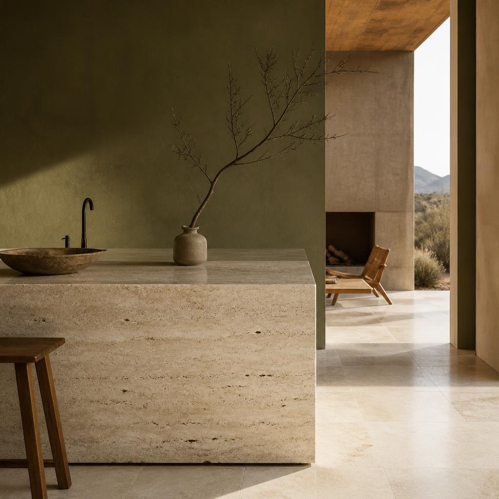Kitchen in travertine with an olive-green wall and dried branches in a vase