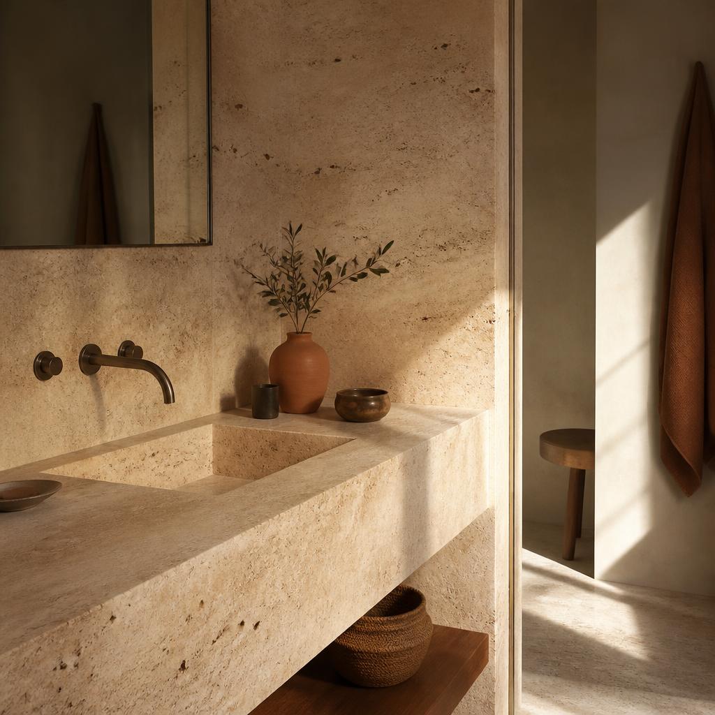 One-piece carved travertine bathroom basin